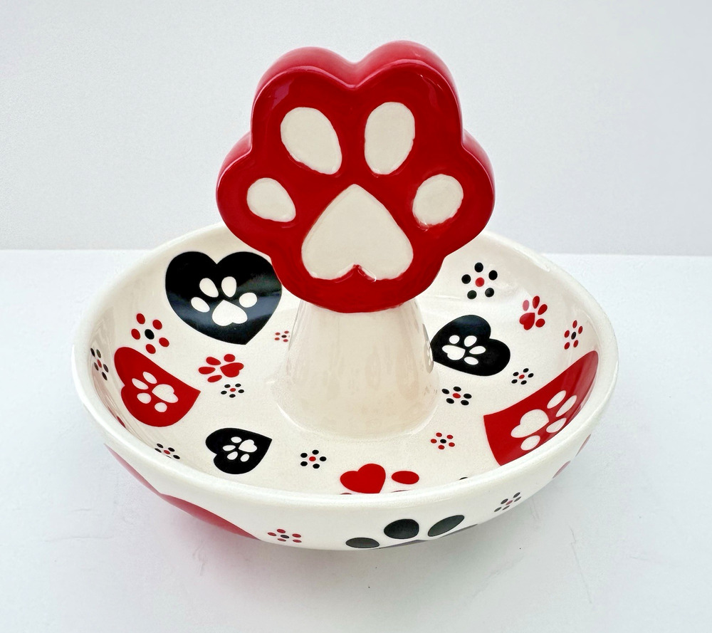 Temp-tations by Tara PAWFETTI Trinket Dish Red Black Heart Paws 5.5"x3.5" RARE